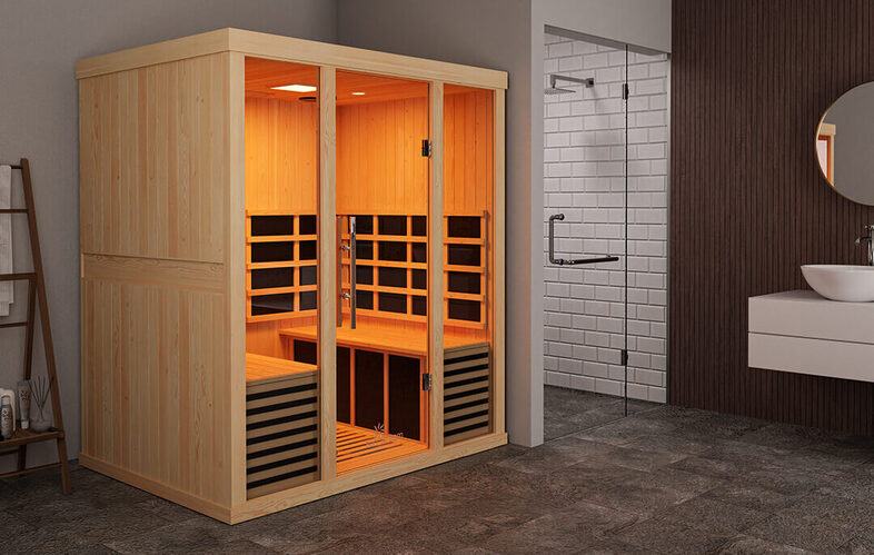 Ascend 4 Person Infrared Sauna in Home Wellness Room Sun Stream Ascend 4 person infrared sauna positioned in a modern home wellness room, offering ultra-low EMF heating and spacious comfort.