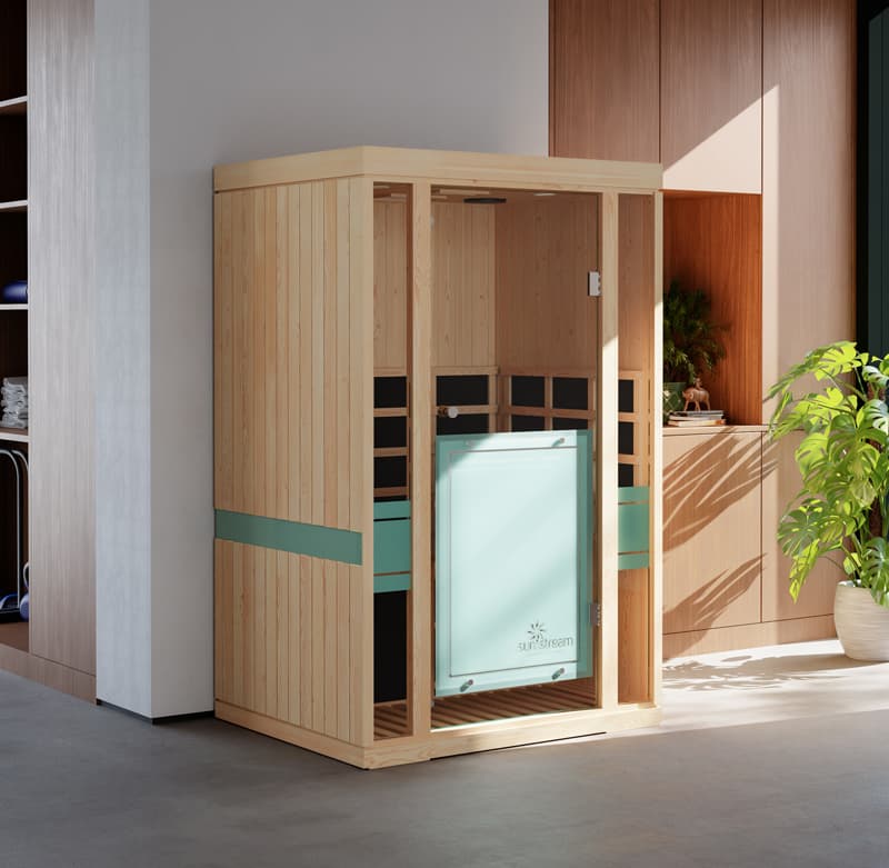 360° Infrared Heat Coverage – Sun Stream Infrared Saunas Close-up of Sun Stream infrared sauna interior with 360-degree infrared heat coverage for a deeper sweat.